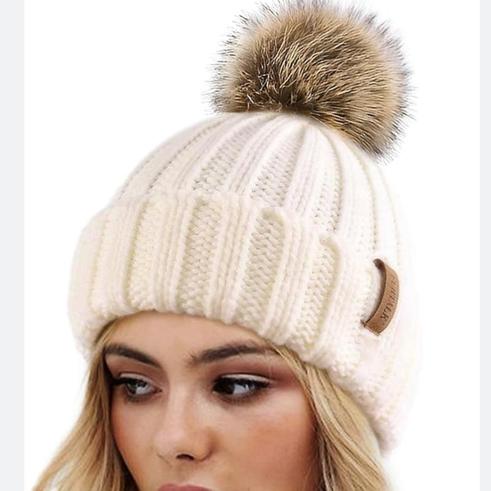 Cream Knit Beanie with removable Faux Fur Pom-Pom
